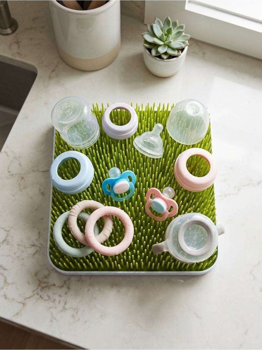 Boon Lawn Countertop Drying Rack | Green & White Baby Bottle Rack | 13.5" x 11"